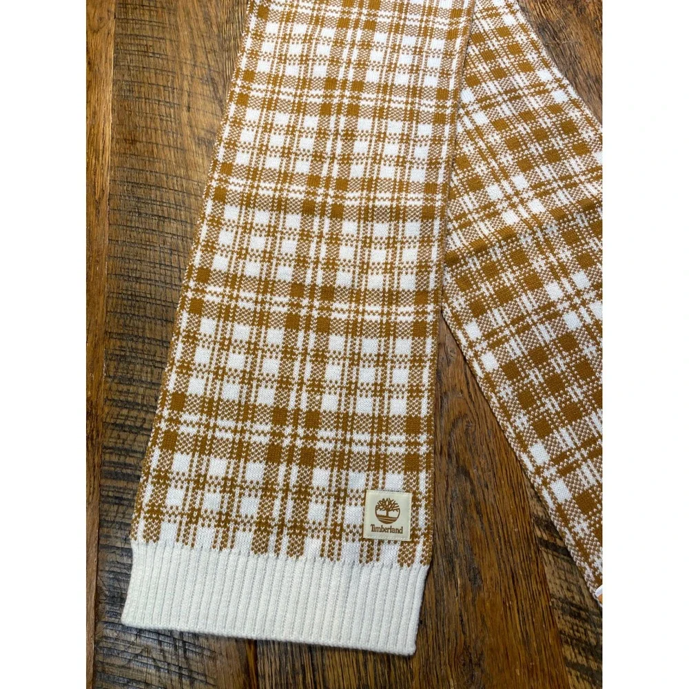 Cozy Timberland Plaid Knit Scarf Wheat White Check Winter‎ Muffler NWT Cottage